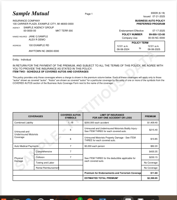 Generic JSON sample insurance policy document