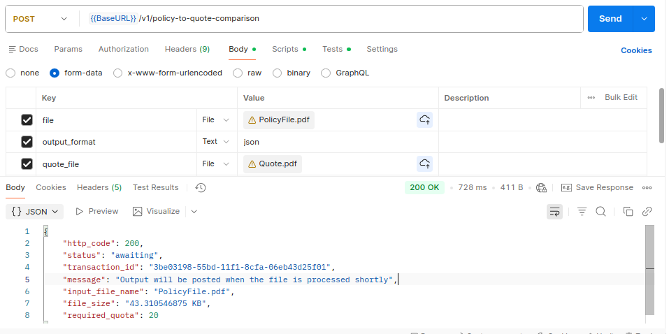 Sample Comparison API call